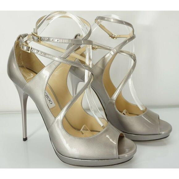 Jimmy Choo Beige Metallic Patent Atlas Strappy Platform Sandals - Picture 7 of 10